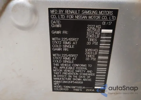 2017 Nissan Rogue Sv z USA, uszkodzony, nr VIN KNMAT2MV2HP546959